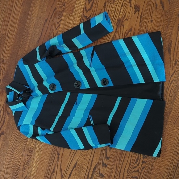 Trench Coat Vesti Striped Blue/ Black/Green Button Front Striped Rainwear Sz 6 - Picture 7 of 10